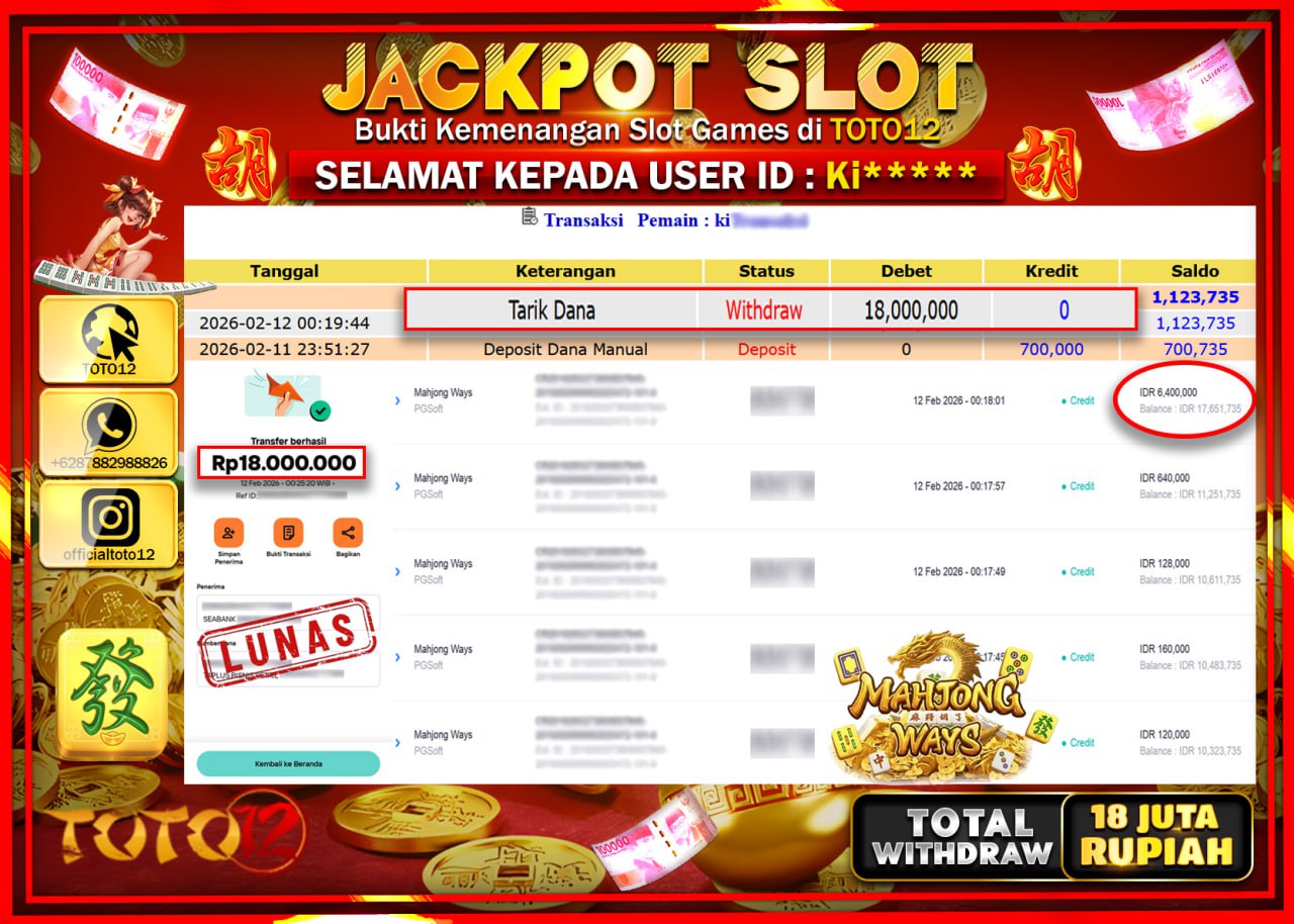 HANYA DI TOTO12 JP PASTI DI BAYAR LUNAS DAN CEPAT!!!!!! JACKPOT SLOT GAME (MAHJONG WAYS) Rp.18.000.000!!!!