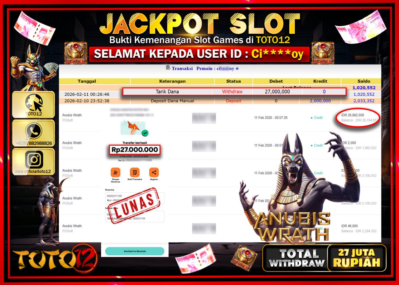 HANYA DI TOTO12 JP PASTI DI BAYAR LUNAS DAN CEPAT!!!!!! JACKPOT SLOT GAME (ANUBIS WRATH) Rp.27.000.000!!!!