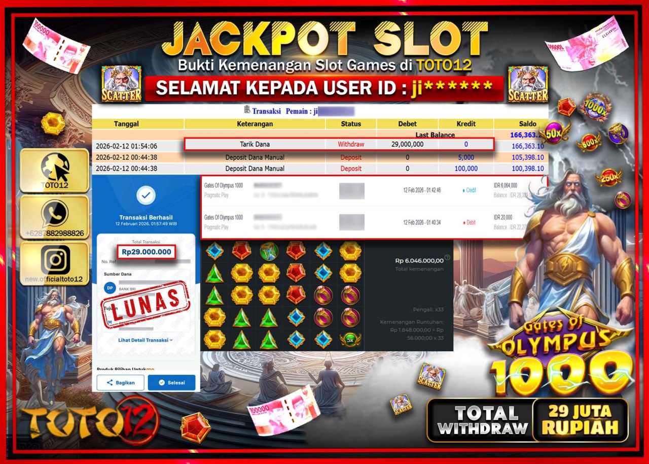 HANYA DI TOTO12 JP PASTI DI BAYAR LUNAS DAN CEPAT!!!!!! JACKPOT SLOT GAME (GATE OF OLYMPUS 1000) Rp.29.000.000!!!!