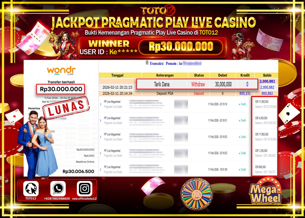 HANYA DI TOTO12 JP PASTI DI BAYAR LUNAS DAN CEPAT!!!!!! JACKPOT LIVE GAME CASINO (MEGA WHEEL) Rp.30.000.000!!!!