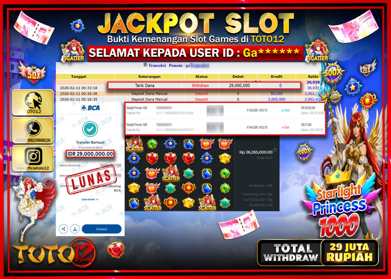 HANYA DI TOTO12 JP PASTI DI BAYAR LUNAS DAN CEPAT!!!!!! JACKPOT SLOT GAME (STARLIGHT PRINCESS 1000) Rp.29.000.000!!!!