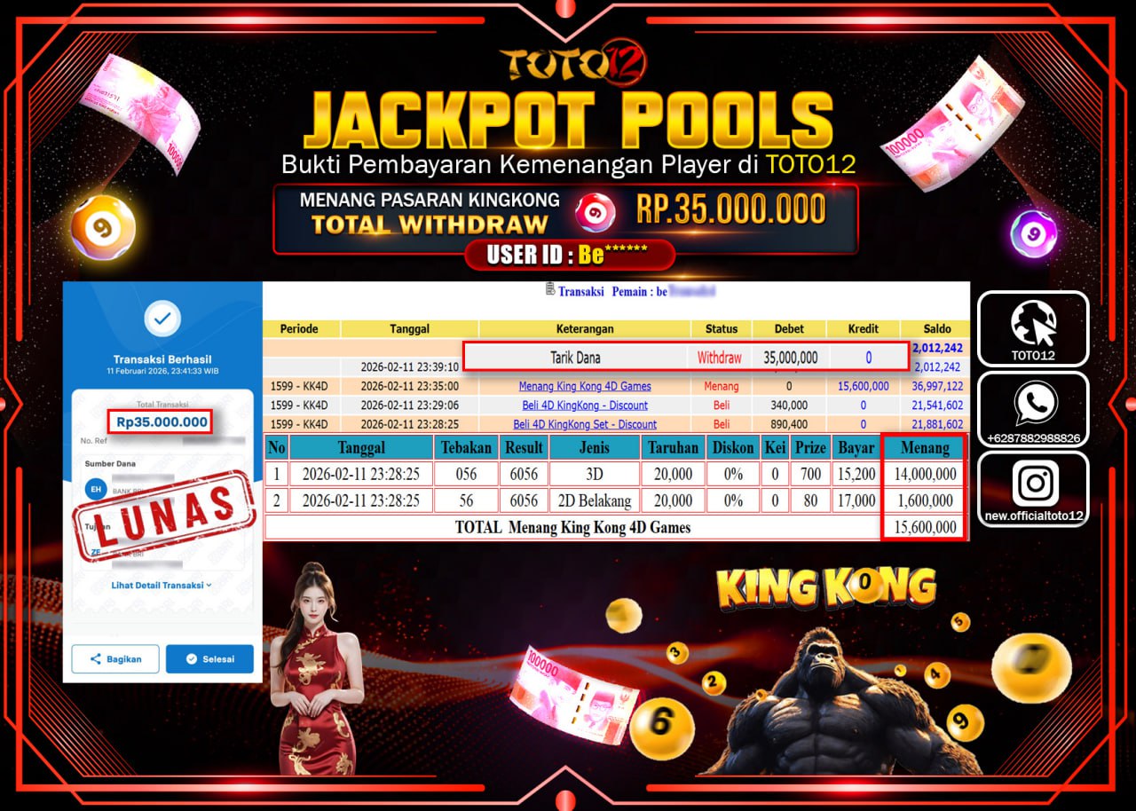 HANYA DI TOTO12 JP PASTI DI BAYAR LUNAS DAN CEPAT!!!!!! JACKPOT POOLS PASARAN (KING KONG 4D) Rp.35.000.000!!!!