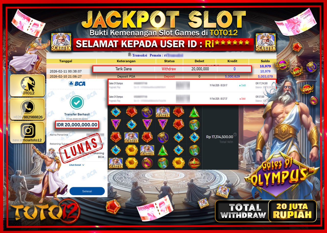 HANYA DI TOTO12 JP PASTI DI BAYAR LUNAS DAN CEPAT!!!!!! JACKPOT SLOT GAME (GATE OF OLYMPUS) Rp.20.000.000!!!!
