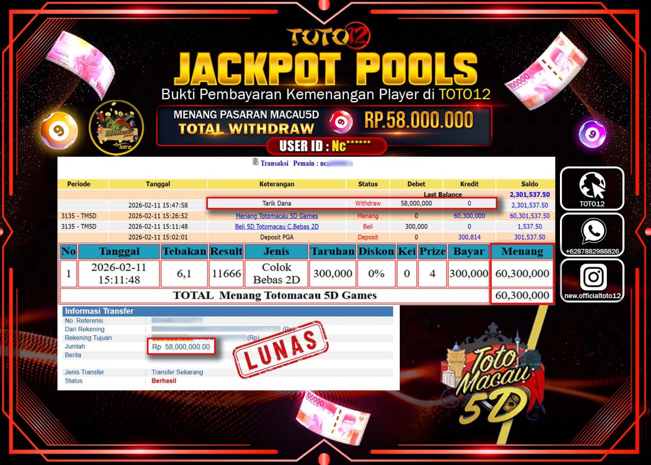 HANYA DI TOTO12 JP PASTI DI BAYAR LUNAS DAN CEPAT!!!!!! JACKPOT POOLS PASARAN (MACAU 5D) Rp.58.000.000!!!!