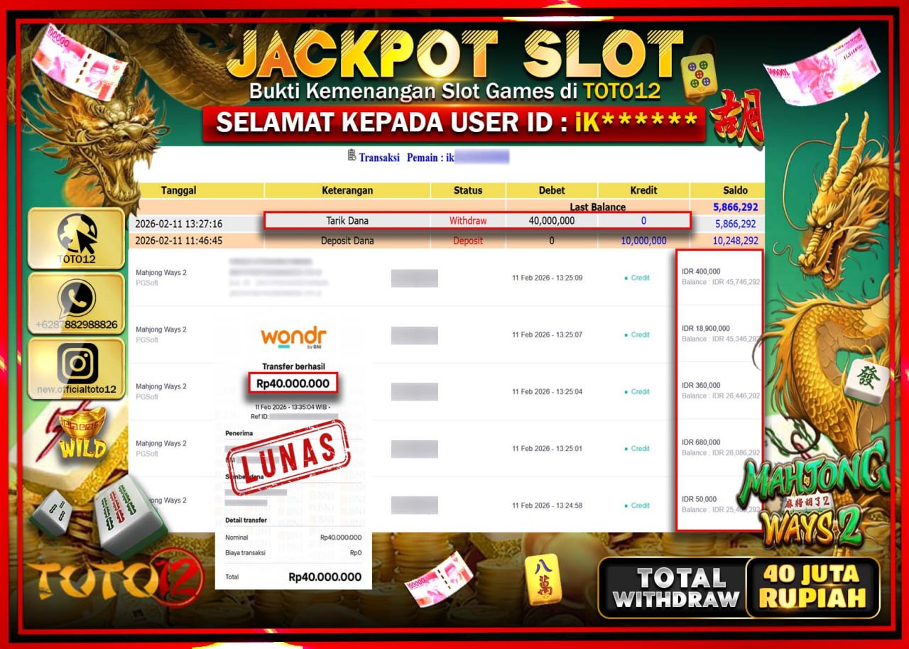 HANYA DI TOTO12 JP PASTI DI BAYAR LUNAS DAN CEPAT!!!!!! JACKPOT SLOT GAME (MAHJONG WAYS 2) Rp.40.000.000!!!!