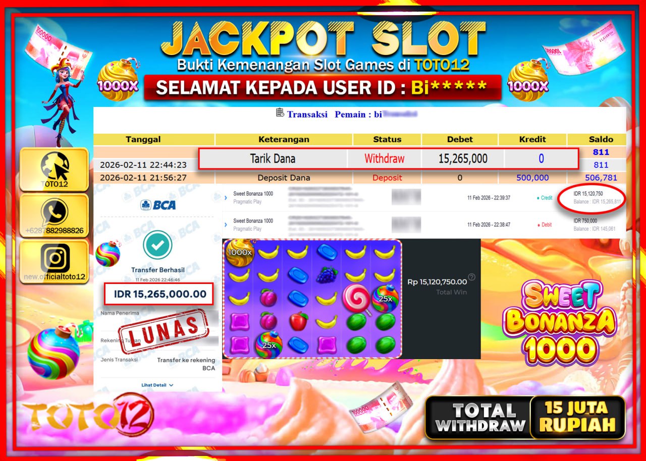 HANYA DI TOTO12 JP PASTI DI BAYAR LUNAS DAN CEPAT!!!!!! JACKPOT SLOT GAME (SWEET BONANZA 1000) Rp.15.265.000!!!!