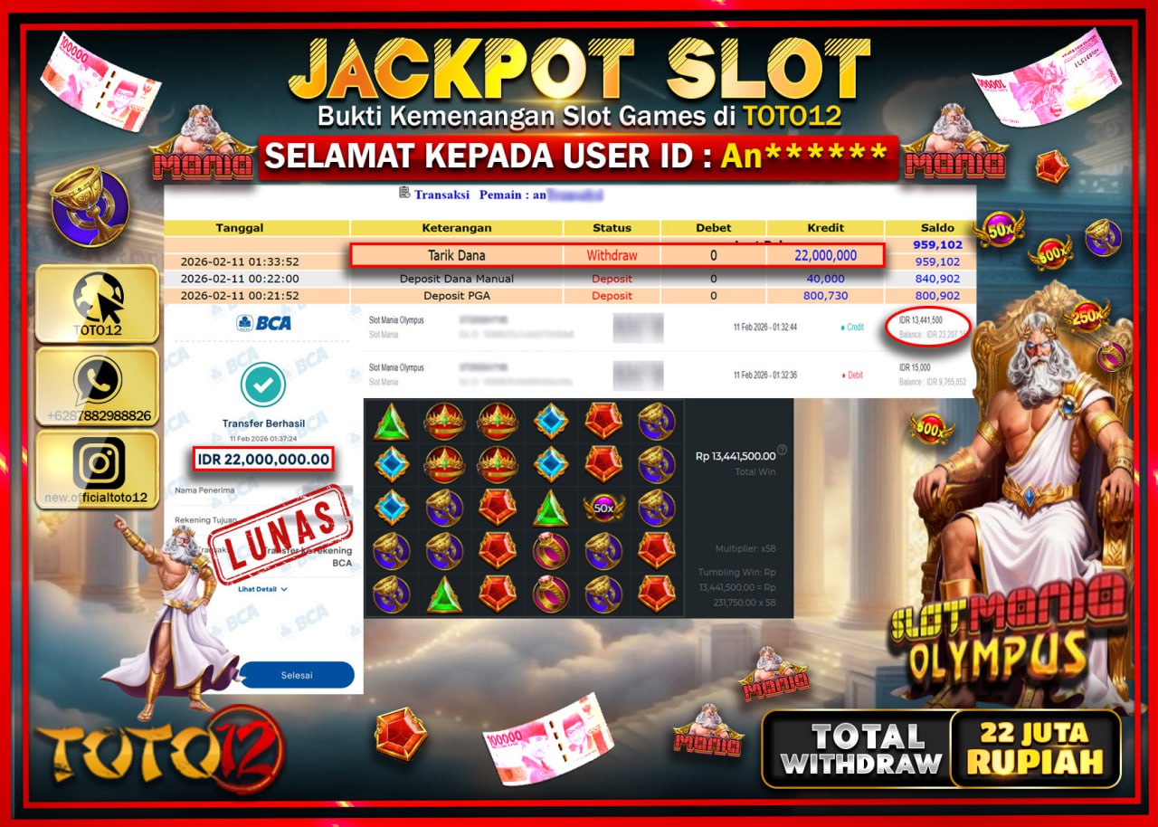 HANYA DI TOTO12 JP PASTI DI BAYAR LUNAS DAN CEPAT!!!!!! JACKPOT SLOT GAME (SLOT MANIA OLYMPUS) Rp.22.000.000!!!!