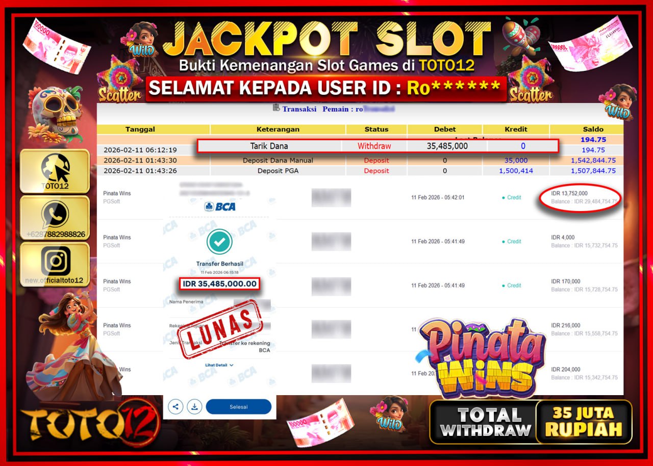 HANYA DI TOTO12 JP PASTI DI BAYAR LUNAS DAN CEPAT!!!!!! JACKPOT SLOT GAME (PINATA WINS) Rp.35.485.000!!!!