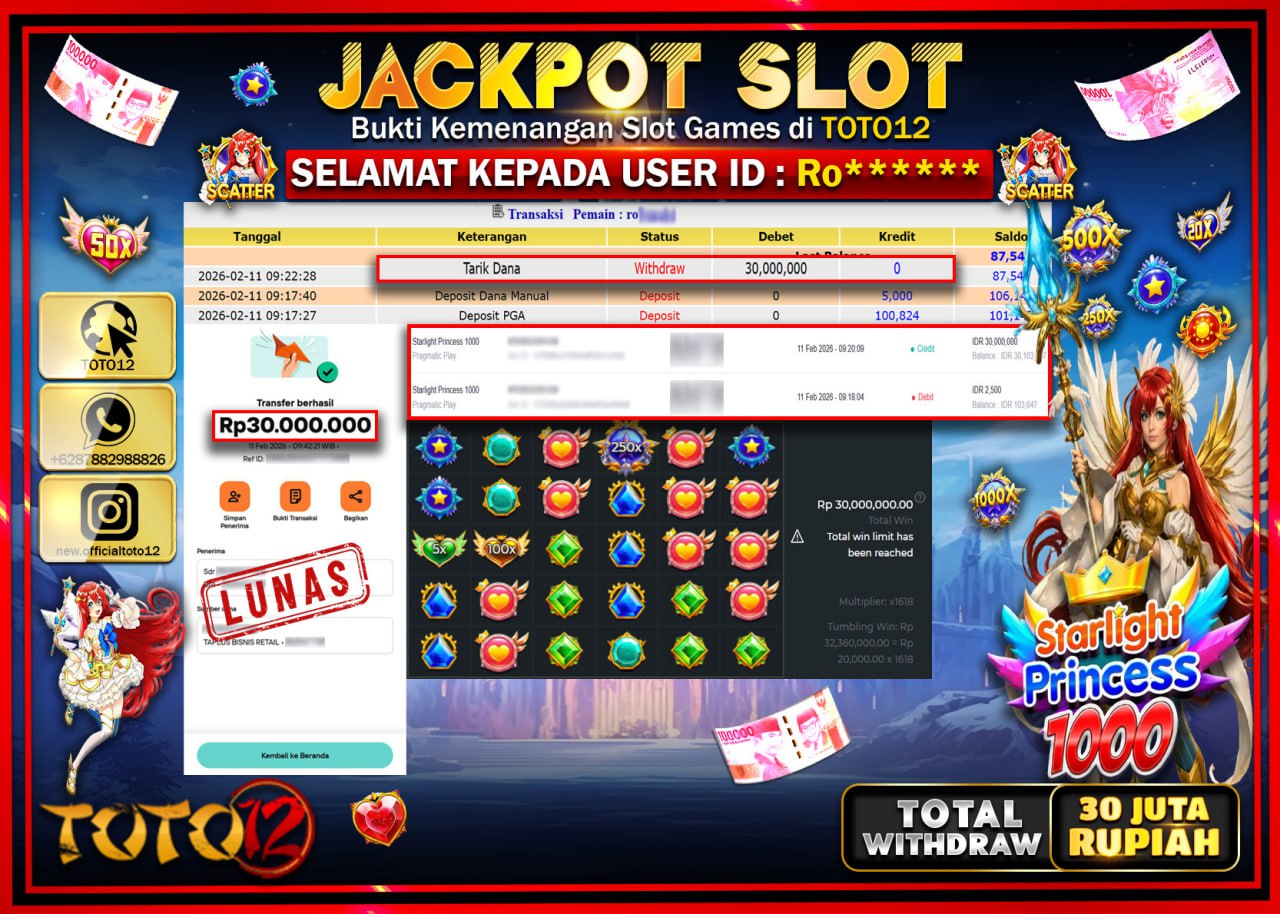 HANYA DI TOTO12 JP PASTI DI BAYAR LUNAS DAN CEPAT!!!!!! JACKPOT SLOT GAME (STARLIGHT PRINCESS 1000) Rp.30.000.000!!!!