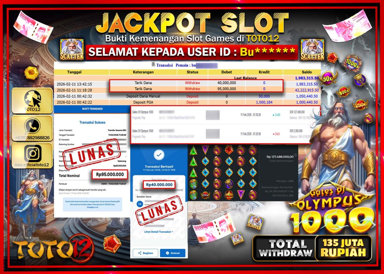 HANYA DI TOTO12 JP PASTI DI BAYAR LUNAS DAN CEPAT!!!!!! JACKPOT SLOT GAME (GATES OF OLYMPUS 1000) Rp.135.000.000!!!!