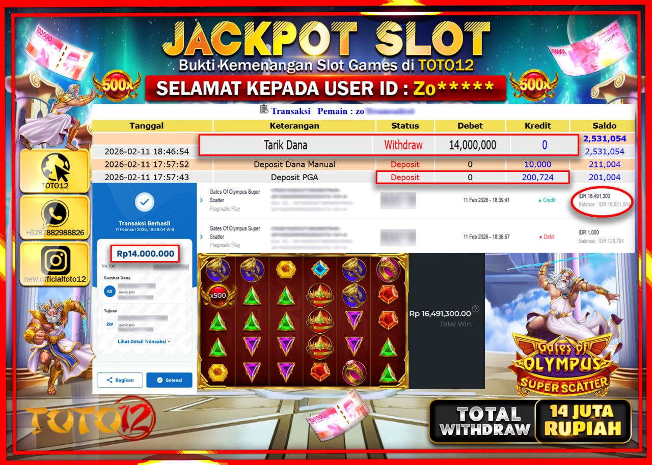 HANYA DI TOTO12 JP PASTI DI BAYAR LUNAS DAN CEPAT!!!!!! JACKPOT SLOT GAME (GATE OF OLYMPUS SUPER  SCATTER) Rp.14.000.000!!!!