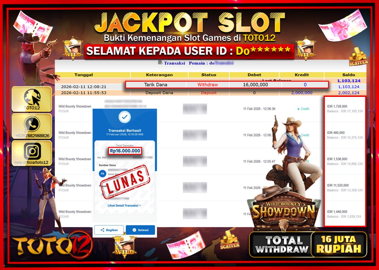 HANYA DI TOTO12 JP PASTI DI BAYAR LUNAS DAN CEPAT!!!!!! JACKPOT SLOT GAME (WILD BOUNTY SHOWDOWN) Rp.16.000.000!!!!