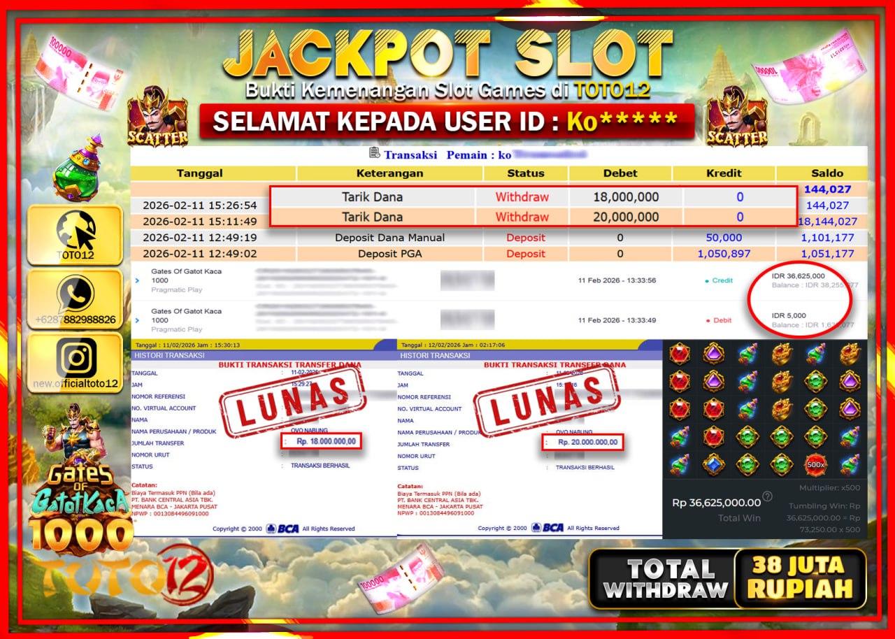 HANYA DI TOTO12 JP PASTI DI BAYAR LUNAS DAN CEPAT!!!!!! JACKPOT SLOT GAME (GATES OF GATOTKACA 1000) Rp.38.000.000!!!!