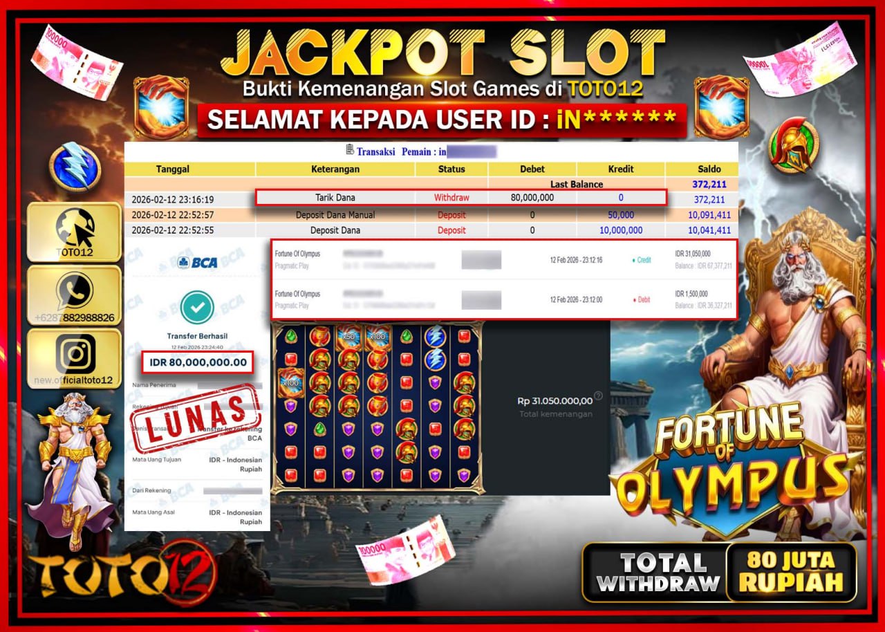 HANYA DI TOTO12 JP PASTI DI BAYAR LUNAS DAN CEPAT!!!!!! JACKPOT SLOT GAME (FORTUNE OF OLYMPUS) Rp.80.000.000!!!!