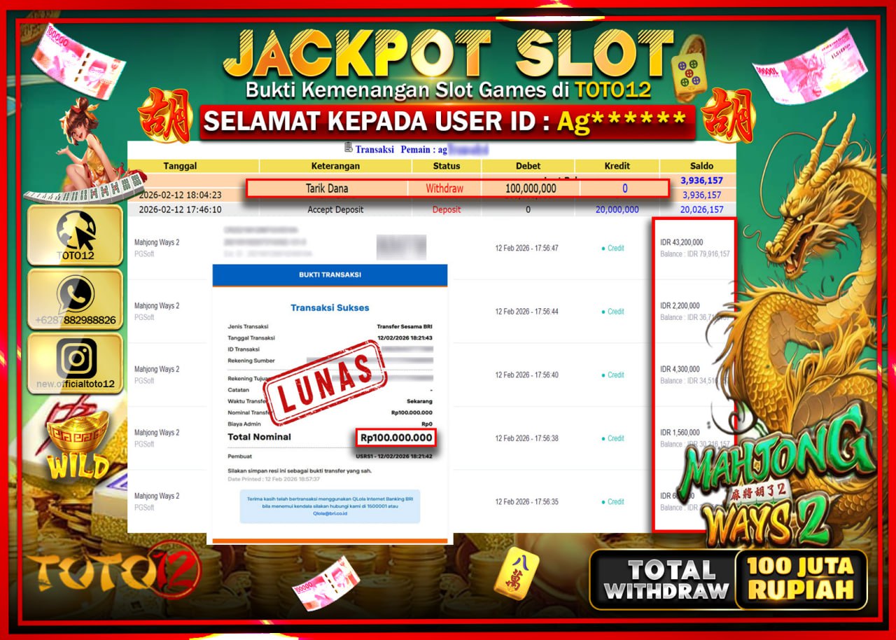 HANYA DI TOTO12 JP PASTI DI BAYAR LUNAS DAN CEPAT!!!!!! JACKPOT SLOT GAME (MAHJONG WAYS 2) Rp.100.000.000!!!!