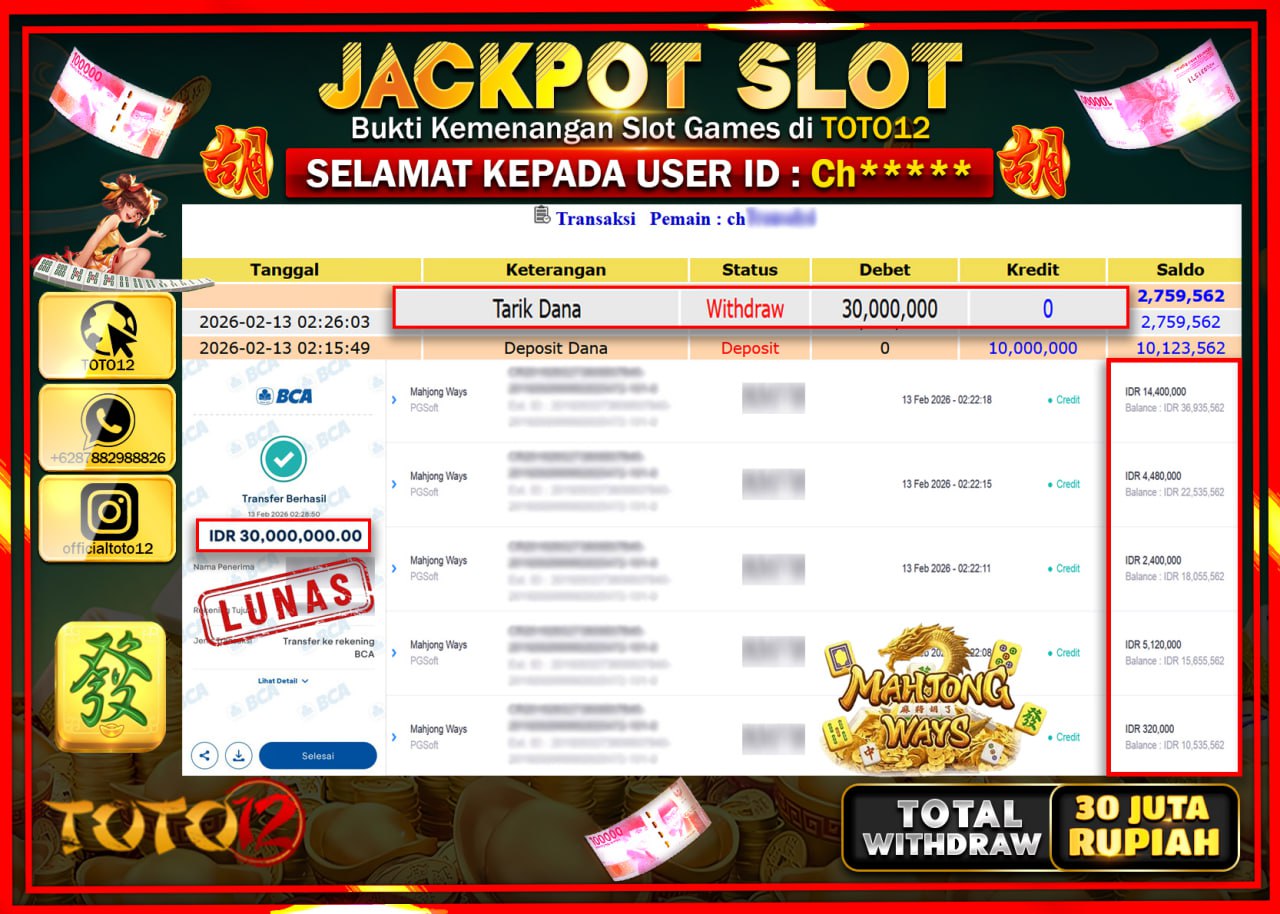 HANYA DI TOTO12 JP PASTI DI BAYAR LUNAS DAN CEPAT!!!!!! JACKPOT SLOT GAME (MAHJONG WAYS) Rp.30.000.000!!!!