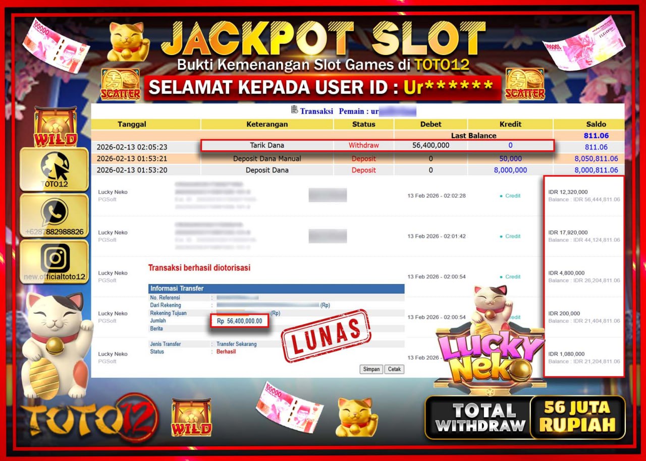 HANYA DI TOTO12 JP PASTI DI BAYAR LUNAS DAN CEPAT!!!!!! JACKPOT SLOT GAME (LUCKY NEKO) Rp.56.400.000!!!!