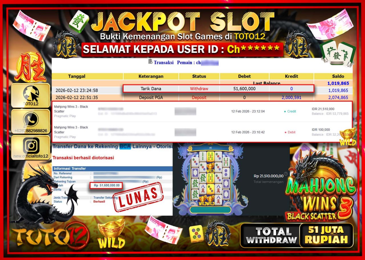 HANYA DI TOTO12 JP PASTI DI BAYAR LUNAS DAN CEPAT!!!!!! JACKPOT SLOT GAME (MAHJONG WINS 3 BLACK SCATTER) Rp.51.600.000!!!!