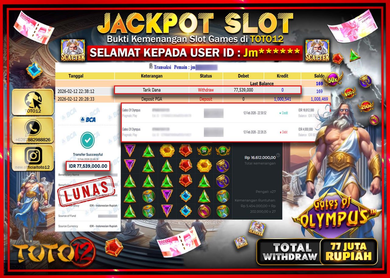 HANYA DI TOTO12 JP PASTI DI BAYAR LUNAS DAN CEPAT!!!!!! JACKPOT SLOT GAME (GATES OF OLYMPUS) Rp.77.539.000!!!!