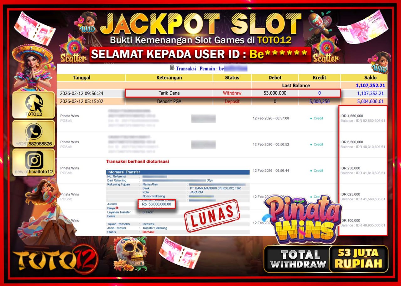 HANYA DI TOTO12 JP PASTI DI BAYAR LUNAS DAN CEPAT!!!!!! JACKPOT SLOT GAME (PINATA WINS) Rp.53.000.000!!!!