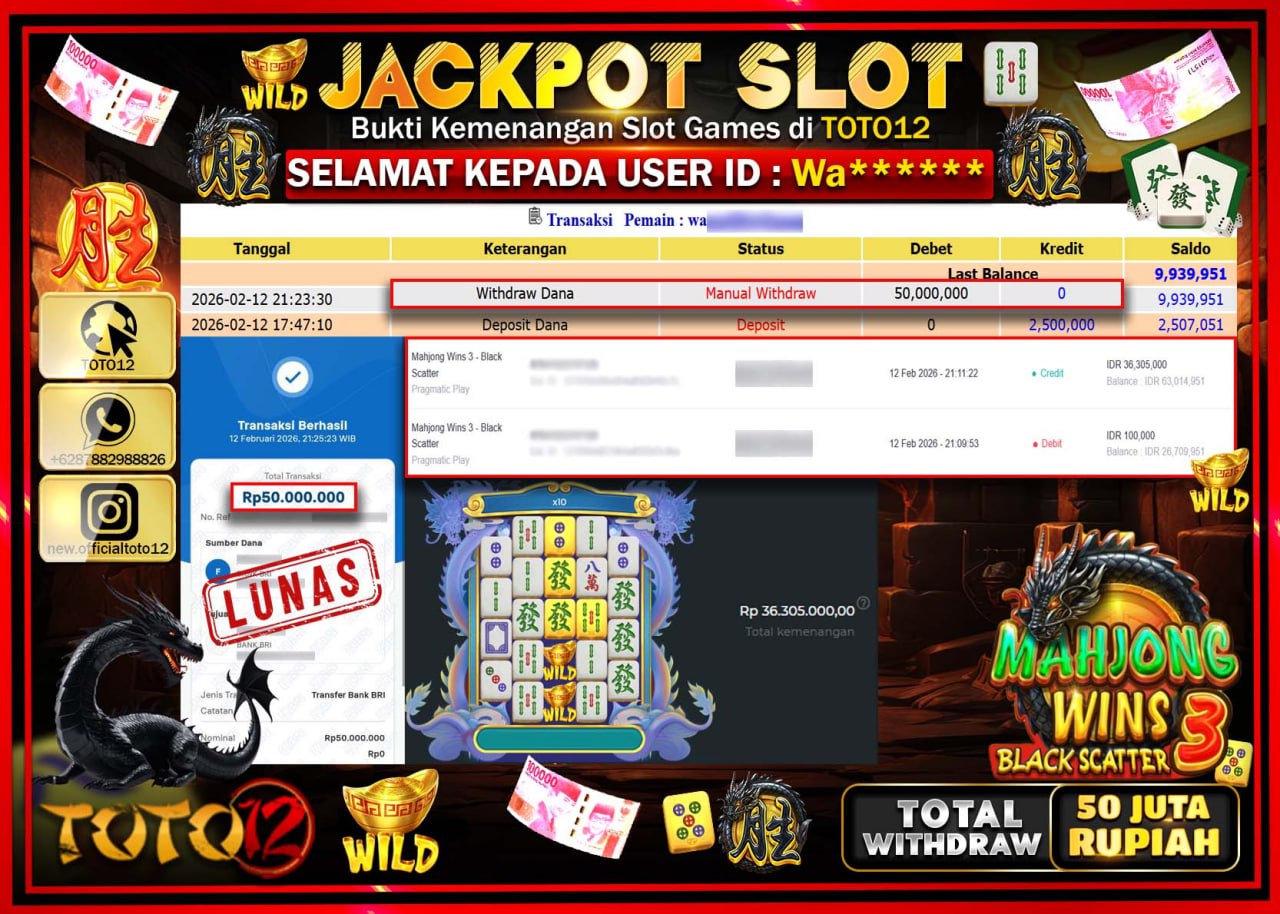 HANYA DI TOTO12 JP PASTI DI BAYAR LUNAS DAN CEPAT!!!!!! JACKPOT SLOT GAME (MAHJONG WINS 3 BLACK SCATTER) Rp.50.000.000!!!!