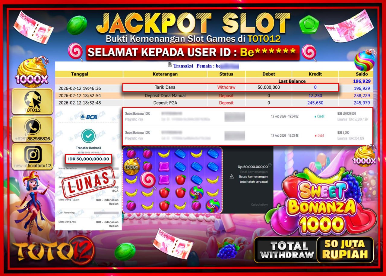 HANYA DI TOTO12 JP PASTI DI BAYAR LUNAS DAN CEPAT!!!!!! JACKPOT SLOT GAME (SWEET BONANZA 1000) Rp.50.000.000!!!!
