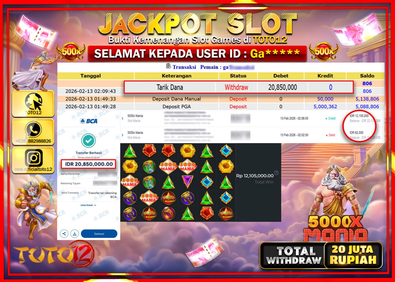 HANYA DI TOTO12 JP PASTI DI BAYAR LUNAS DAN CEPAT!!!!!! JACKPOT SLOT GAME (5000X MANIA) Rp.20.850.000!!!!