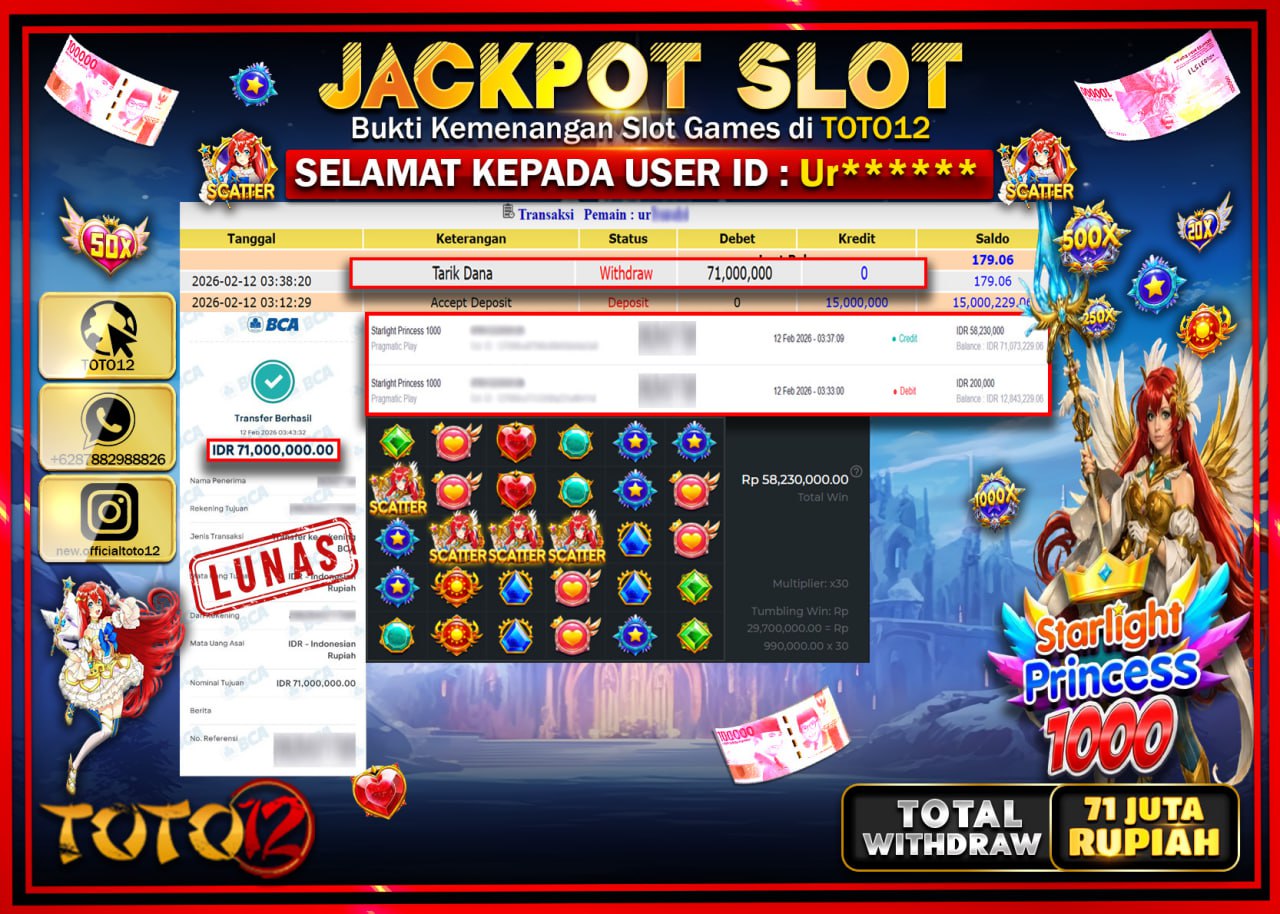 HANYA DI TOTO12 JP PASTI DI BAYAR LUNAS DAN CEPAT!!!!!! JACKPOT SLOT GAME (STARLIGHT PRINCESS 1000) Rp.71.000.000!!!!