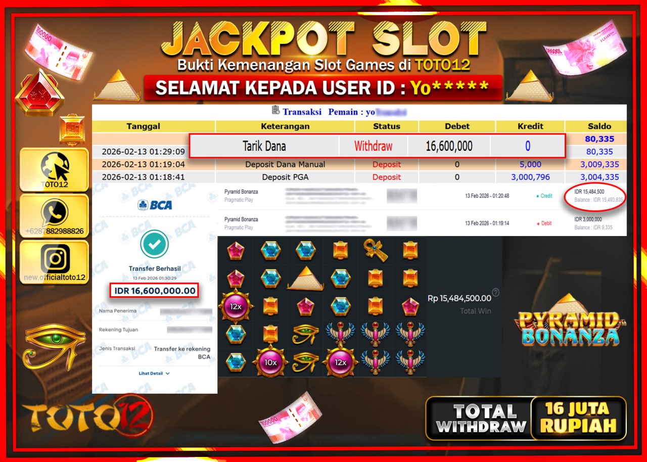 HANYA DI TOTO12 JP PASTI DI BAYAR LUNAS DAN CEPAT!!!!!! JACKPOT SLOT GAME (PYRAMID BONANZA) Rp.16.600.000!!!!