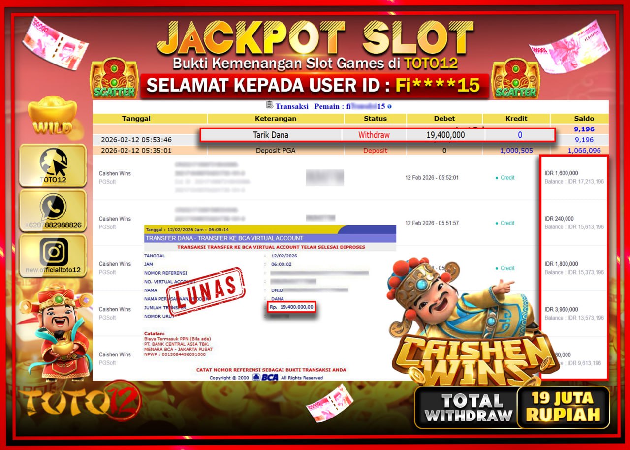 HANYA DI TOTO12 JP PASTI DI BAYAR LUNAS DAN CEPAT!!!!!! JACKPOT SLOT GAME (CAISHEN WINS) Rp.19.400.000!!!!