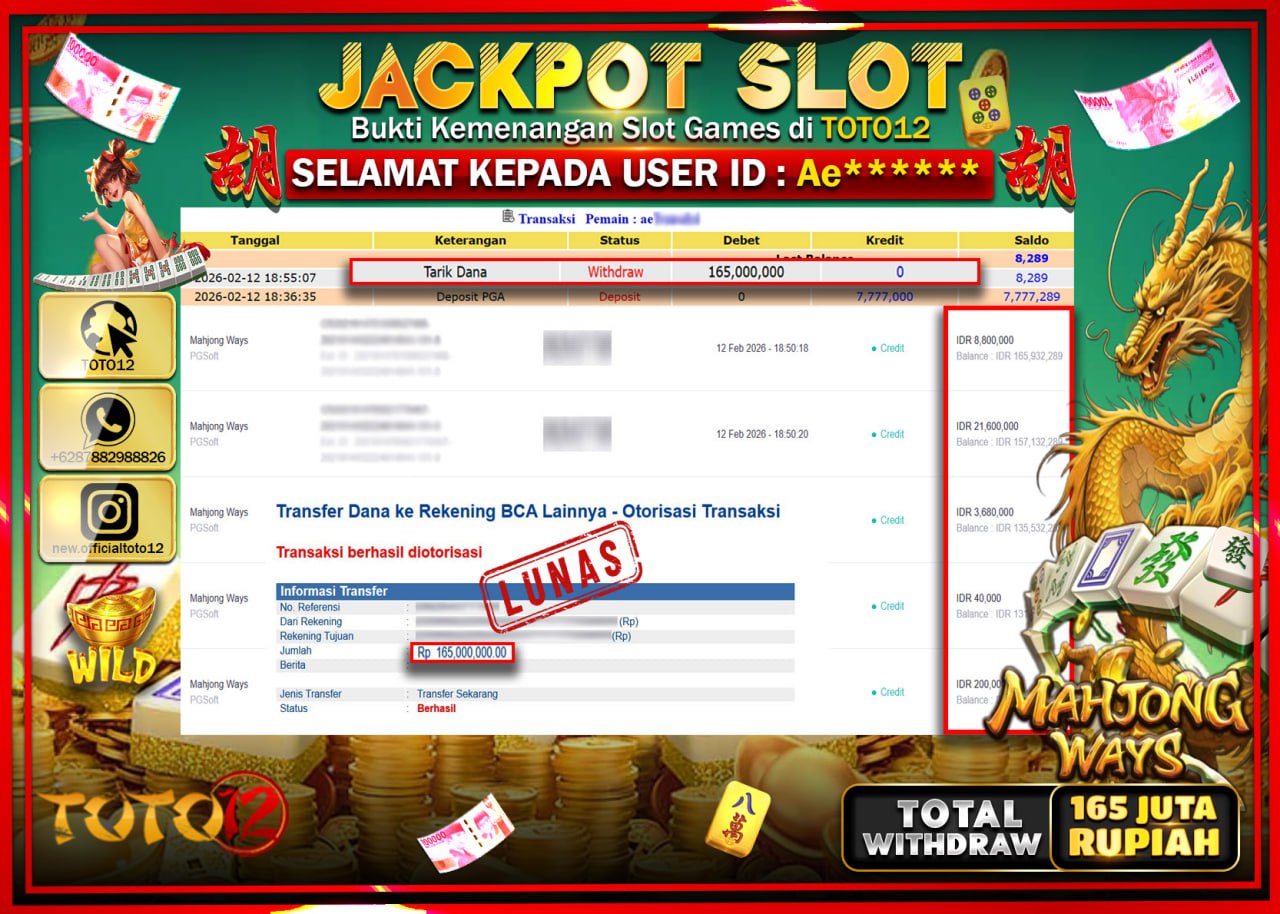 HANYA DI TOTO12 JP PASTI DI BAYAR LUNAS DAN CEPAT!!!!!! JACKPOT SLOT GAME (MAHJONG WAYS) Rp.165.000.000!!!!