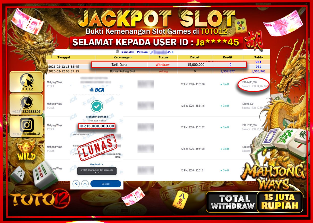 HANYA DI TOTO12 JP PASTI DI BAYAR LUNAS DAN CEPAT!!!!!! JACKPOT SLOT GAME (MAHJONG WAYS) Rp.15.000.000!!!!