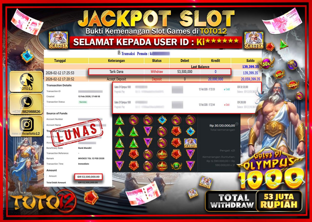 HANYA DI TOTO12 JP PASTI DI BAYAR LUNAS DAN CEPAT!!!!!! JACKPOT SLOT GAME (GATES OF OLYMPUS 1000) Rp.53.500.000!!!!