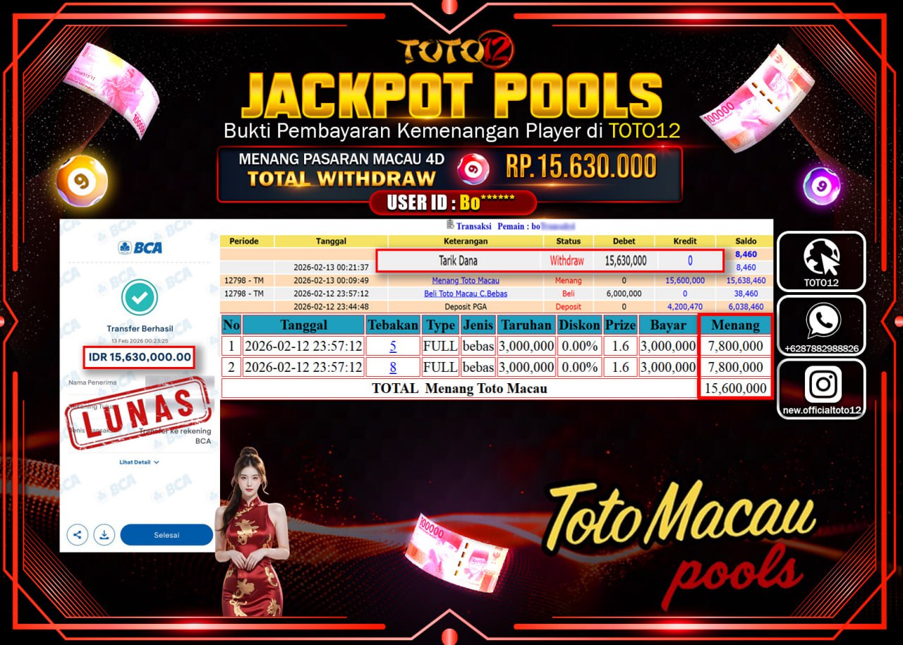 HANYA DI TOTO12 JP PASTI DI BAYAR LUNAS DAN CEPAT!!!!!! JACKPOT POOLS PASARAN (TOTOMACAU 4D) Rp.15.630.000!!!!