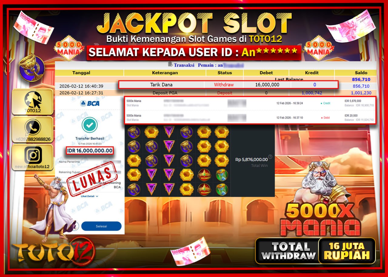 HANYA DI TOTO12 JP PASTI DI BAYAR LUNAS DAN CEPAT!!!!!! JACKPOT SLOT GAME (5000X MANIA) Rp.16.000.000!!!!