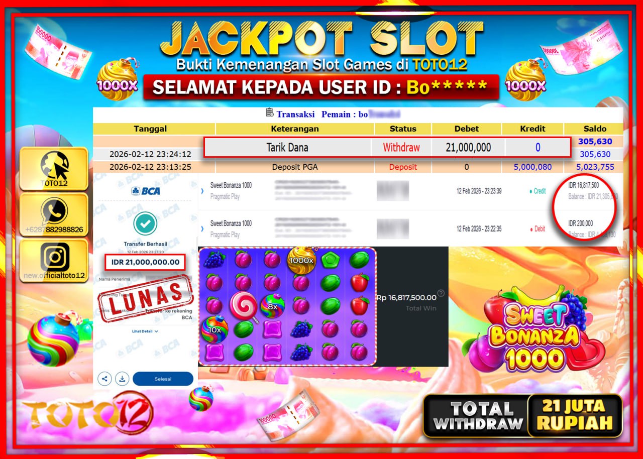 HANYA DI TOTO12 JP PASTI DI BAYAR LUNAS DAN CEPAT!!!!!! JACKPOT SLOT GAME (SWEET BONANZA 1000) Rp.21.000.000!!!!