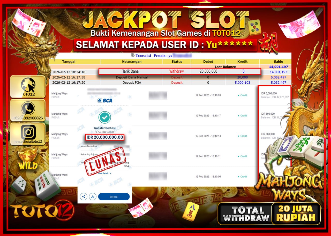 HANYA DI TOTO12 JP PASTI DI BAYAR LUNAS DAN CEPAT!!!!!! JACKPOT SLOT GAME (MAHJONG WAYS) Rp.20.000.000!!!!
