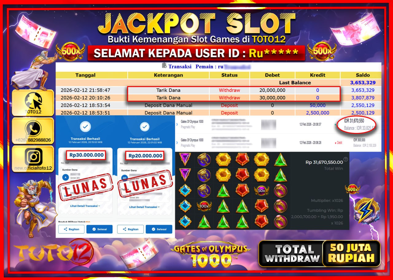 HANYA DI TOTO12 JP PASTI DI BAYAR LUNAS DAN CEPAT!!!!!! JACKPOT SLOT GAME (GATES OF OLYMPUS 1000) Rp.50.000.000!!!!