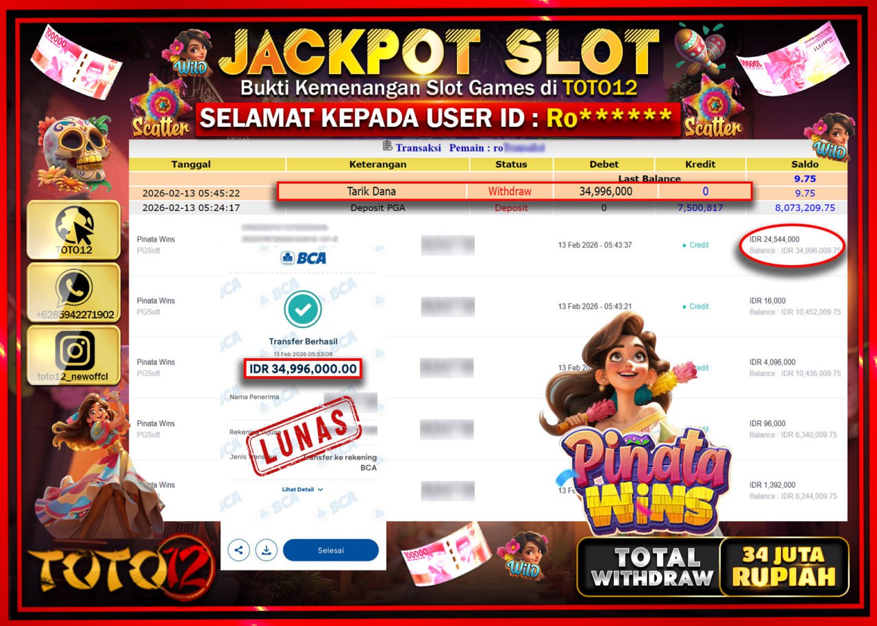 HANYA DI TOTO12 JP PASTI DI BAYAR LUNAS DAN CEPAT!!!!!! JACKPOT SLOT GAME (PINATA WINS) Rp.34.996.000!!!!
