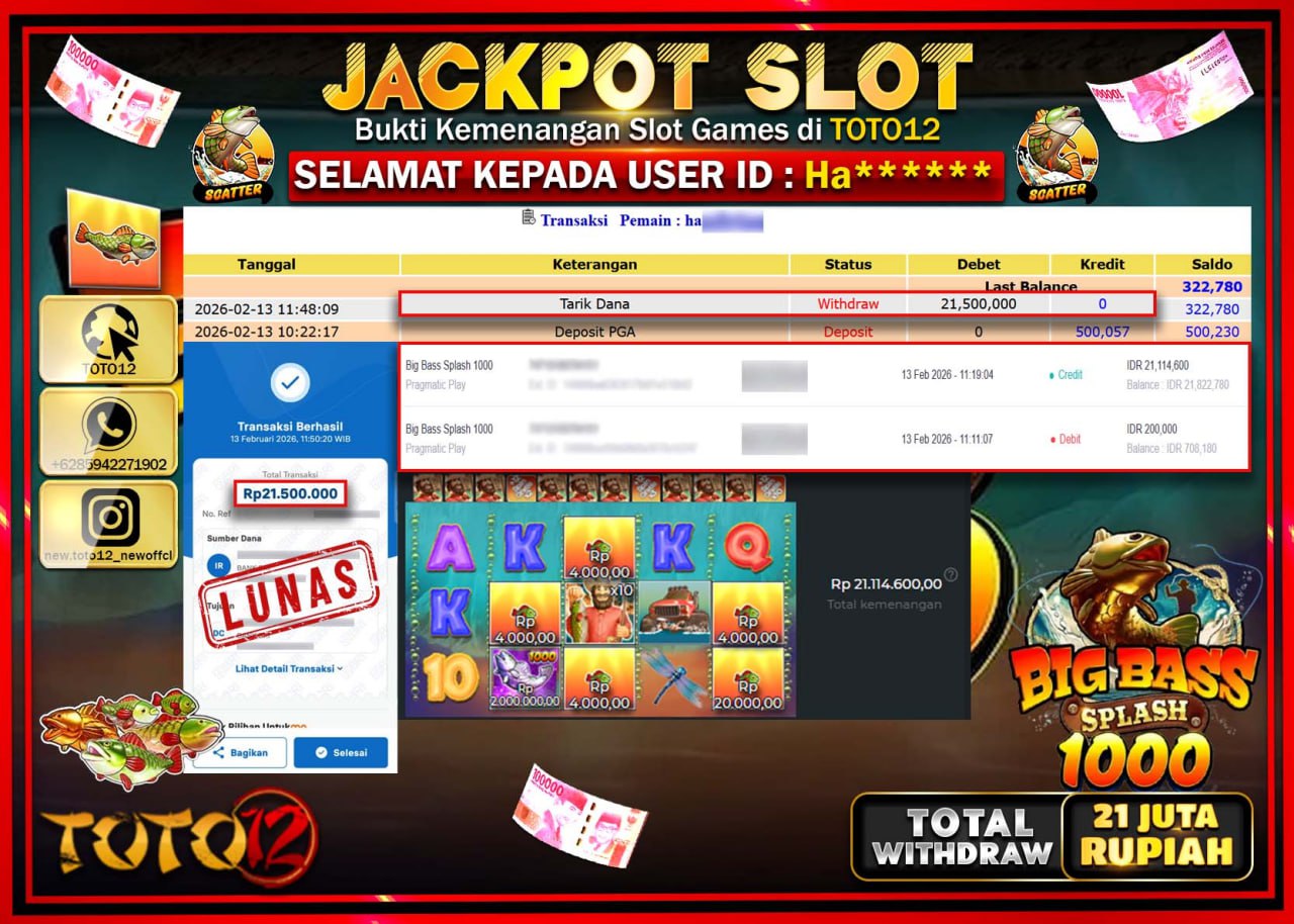 HANYA DI TOTO12 JP PASTI DI BAYAR LUNAS DAN CEPAT!!!!!! JACKPOT SLOT GAME (BIG BASS SPLASH 1000) Rp.21.500.000!!!!