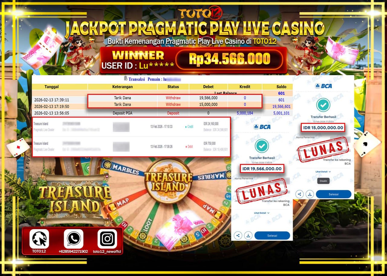 HANYA DI TOTO12 JP PASTI DI BAYAR LUNAS DAN CEPAT!!!!!! JACKPOT PRAGMATIC LIVE GAME CASINO  (TREASURE ISLAND) Rp.34.566.000!!!!