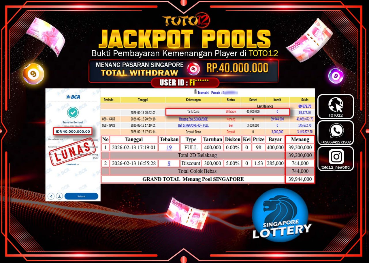 HANYA DI TOTO12 JP PASTI DI BAYAR LUNAS DAN CEPAT!!!!!! JACKPOT POOLS PASARAN (SINGAPORE) Rp.40.000.000!!!!