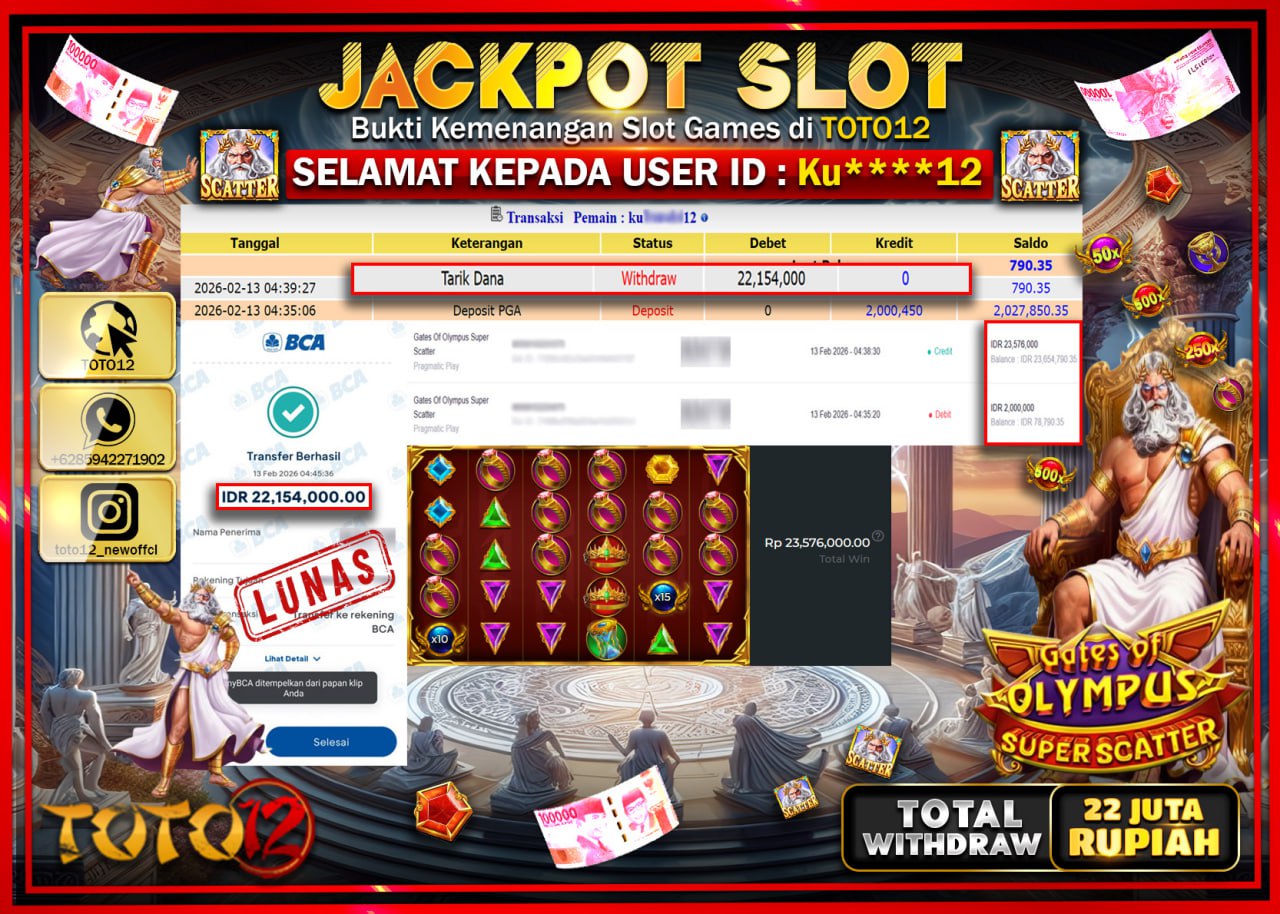 HANYA DI TOTO12 JP PASTI DI BAYAR LUNAS DAN CEPAT!!!!!! JACKPOT SLOT GAME (GATE OF OLYMPUS SUPER SCATTER) Rp.22.154.000!!!!