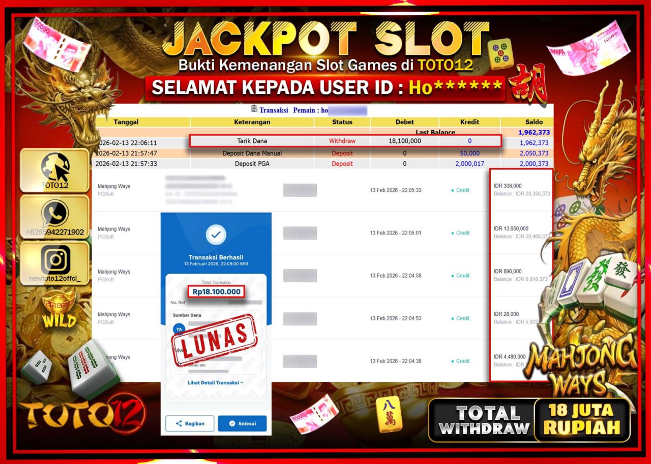 HANYA DI TOTO12 JP PASTI DI BAYAR LUNAS DAN CEPAT!!!!!! JACKPOT SLOT GAME (MAHJONG WAYS) Rp.18.100.000!!!!