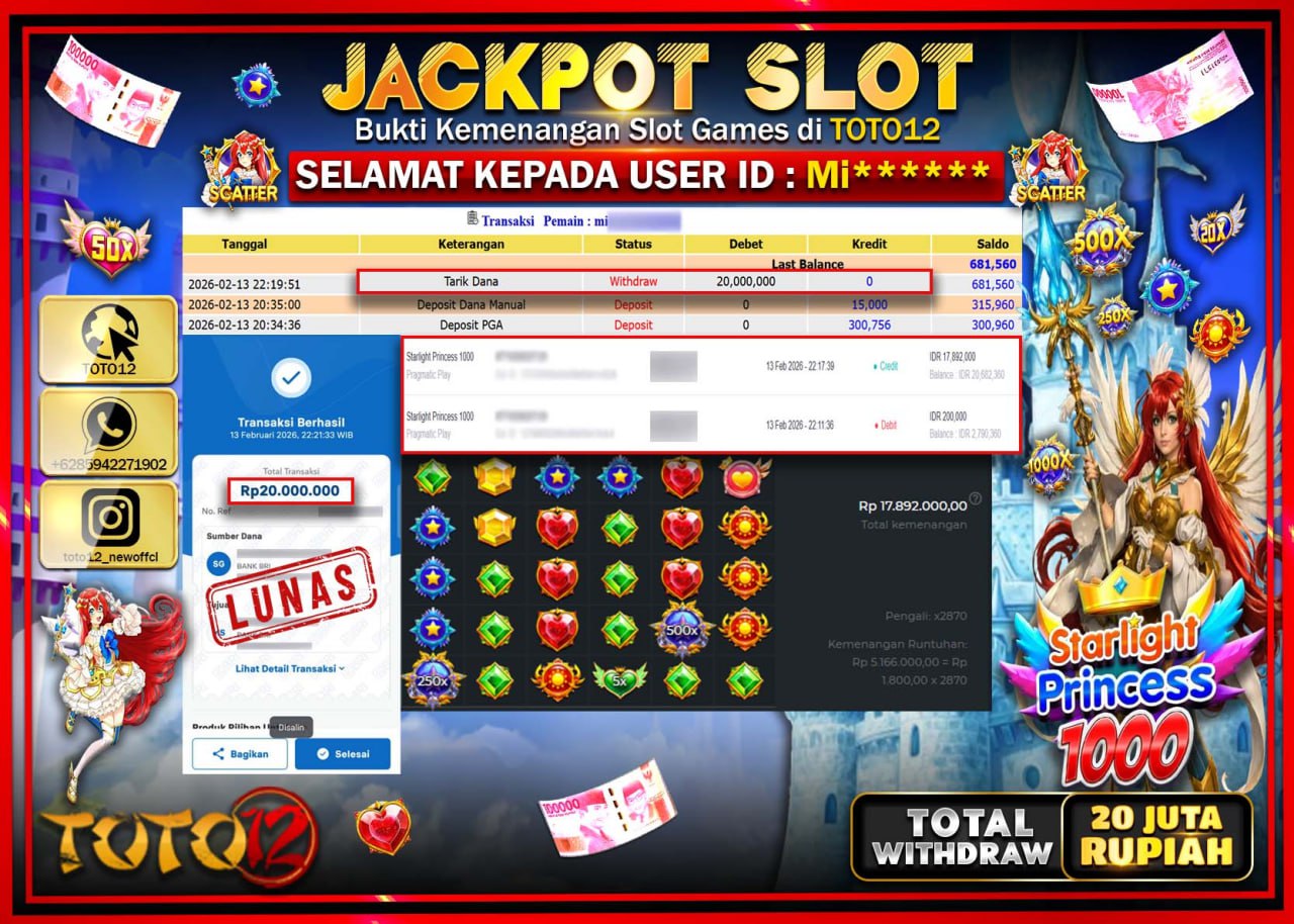 HANYA DI TOTO12 JP PASTI DI BAYAR LUNAS DAN CEPAT!!!!!! JACKPOT SLOT GAME (STARLIGHT PRINCESS 1000) Rp.20.000.000!!!!