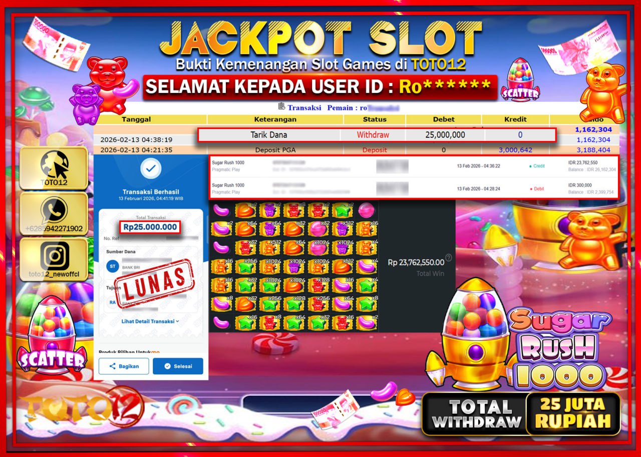 HANYA DI TOTO12 JP PASTI DI BAYAR LUNAS DAN CEPAT!!!!!! JACKPOT SLOT GAME (SUGAR RUSH 1000) Rp.25.000.000!!!!