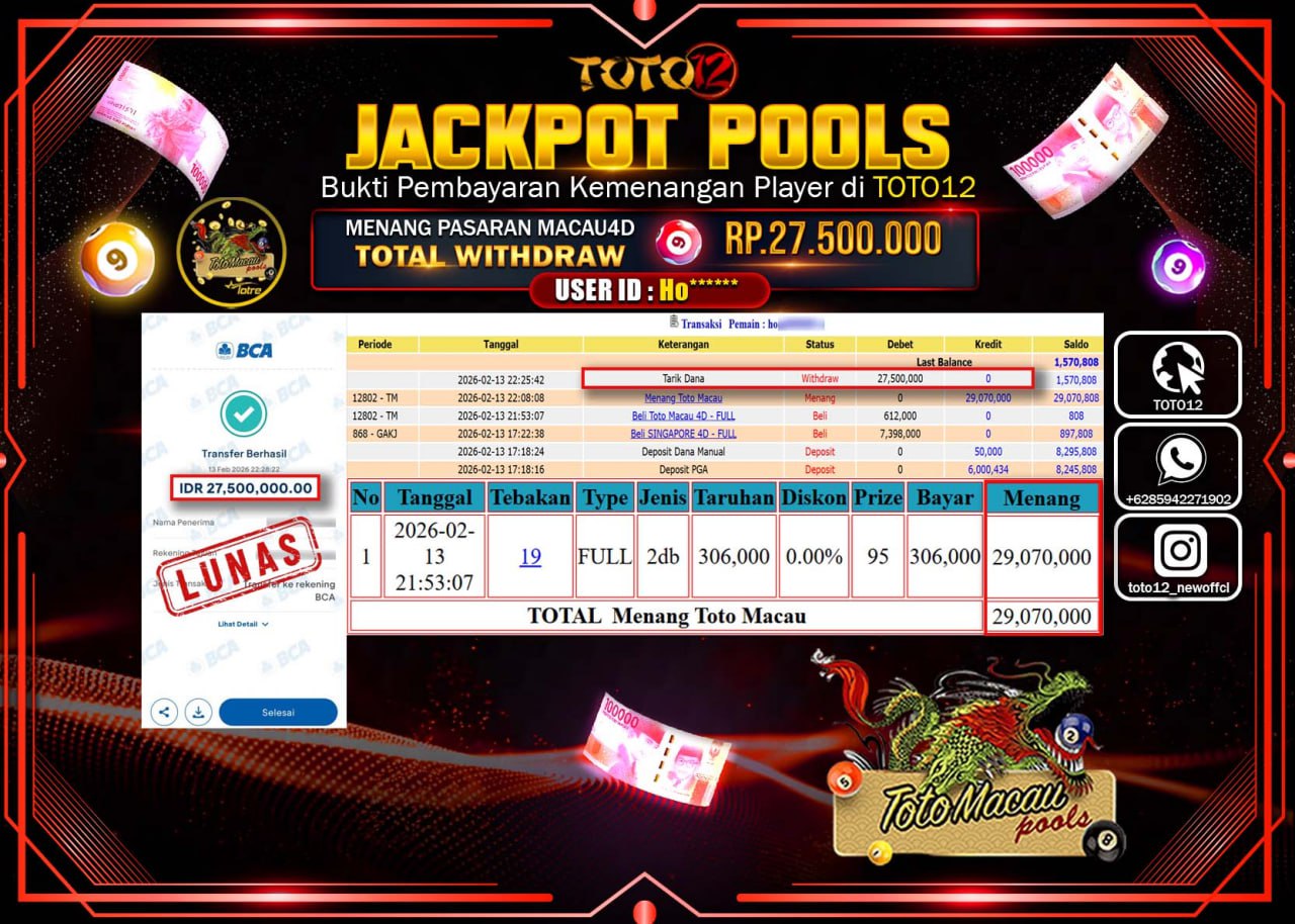 HANYA DI TOTO12 JP PASTI DI BAYAR LUNAS DAN CEPAT!!!!!! JACKPOT POOLS PASARAN (TOTOMACAU 4D) Rp.27.500.000!!!!