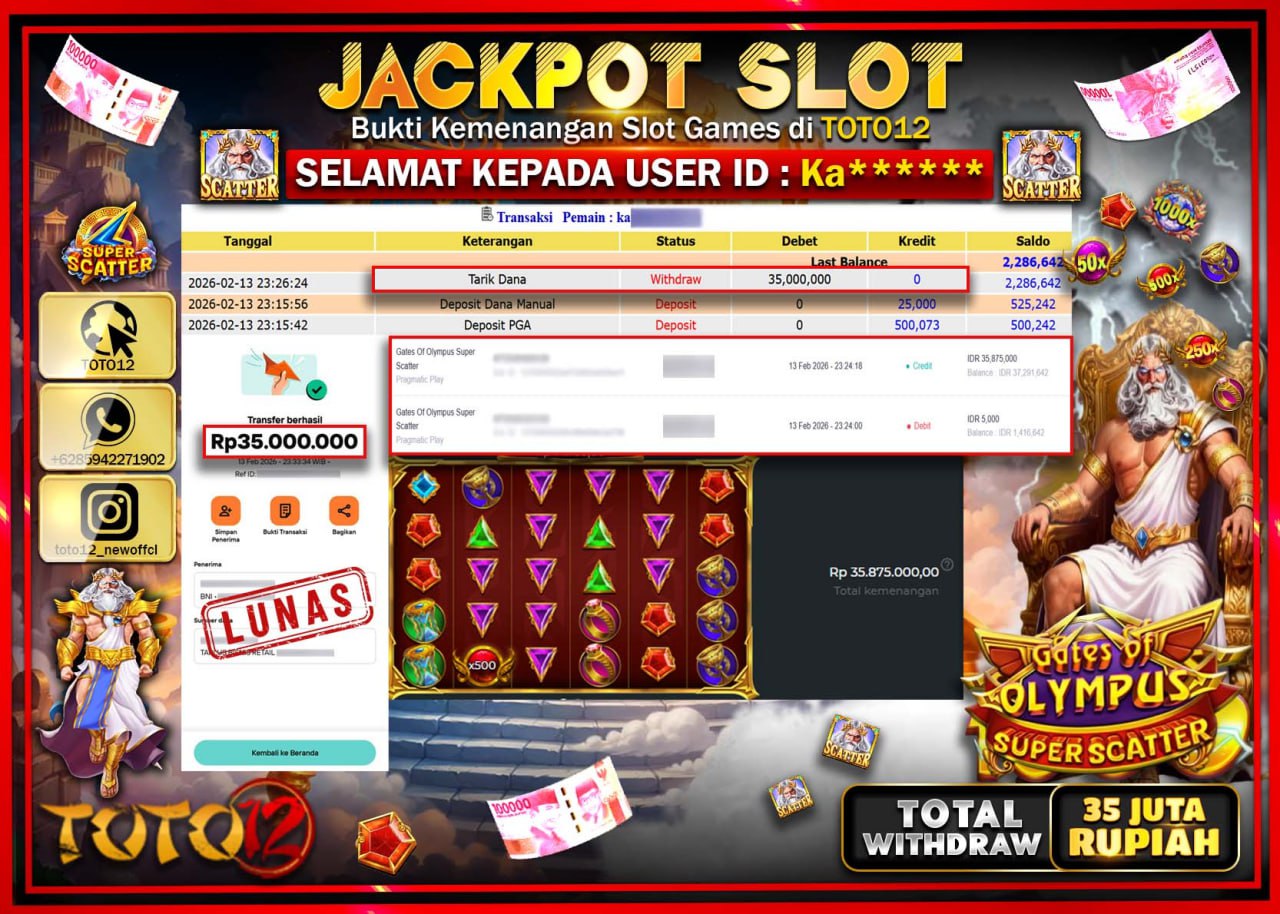 HANYA DI TOTO12 JP PASTI DI BAYAR LUNAS DAN CEPAT!!!!!! JACKPOT SLOT GAME (GATES OFF OLYMPUSSUPER SCATTER) Rp.35.000.000!!!!
