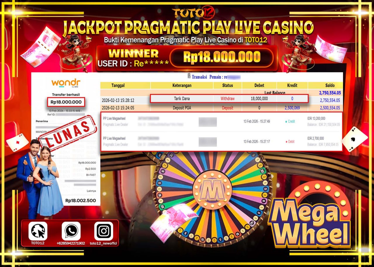 HANYA DI TOTO12 JP PASTI DI BAYAR LUNAS DAN CEPAT!!!!!! JACKPOT PRAGMATICK PLAY LIVE GAME CASINO (MEGA WHEEL) Rp.18.000.000!!!!