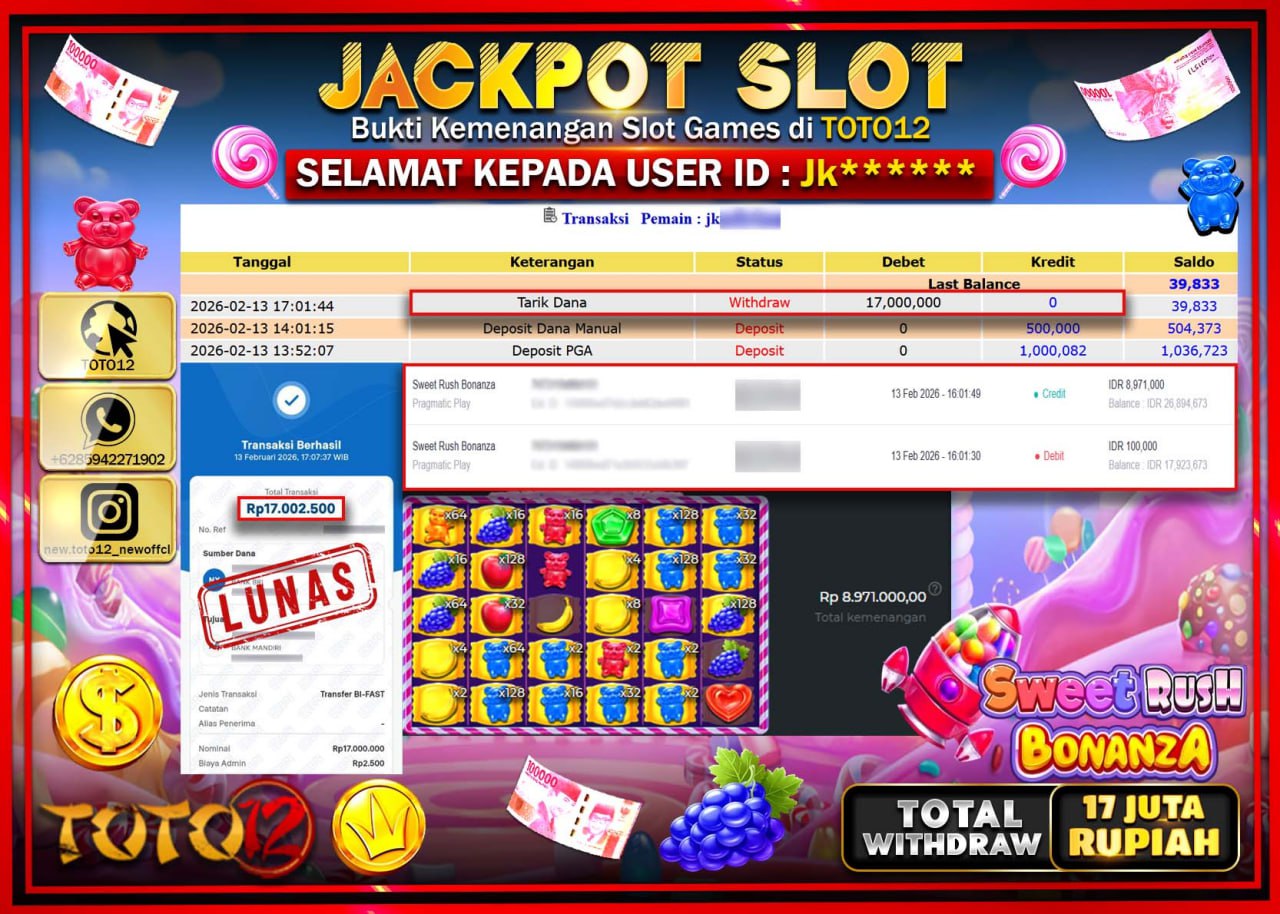 HANYA DI TOTO12 JP PASTI DI BAYAR LUNAS DAN CEPAT!!!!!! JACKPOT SLOT GAME (SWEET RUSH BONANZA) Rp.17.000.000!!!!